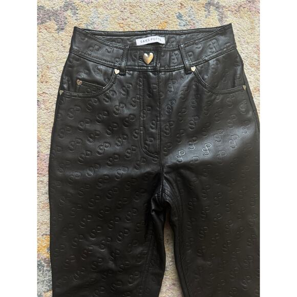 Saks Potts Rosita Black Leather Logo Embossed Trousers Pants - Picture 11 of 16